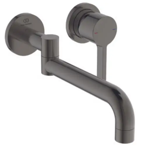 Wandmontierte Küchenarmatur in magnetischem Grauton mit einem einzelnen Hebel für die Temperaturregelung, präsentiert von Ideal Standard.